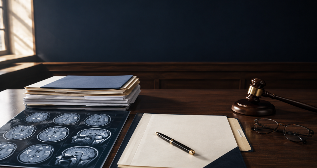 Courtroom desk with legal documents