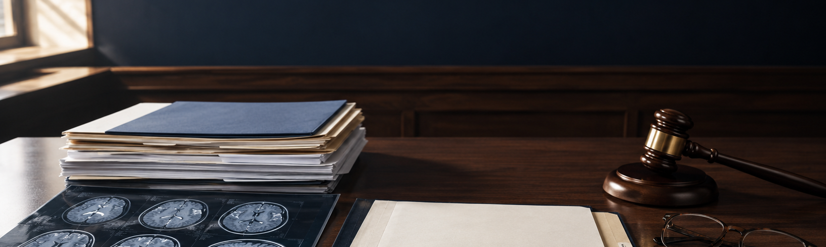 Courtroom desk with legal documents