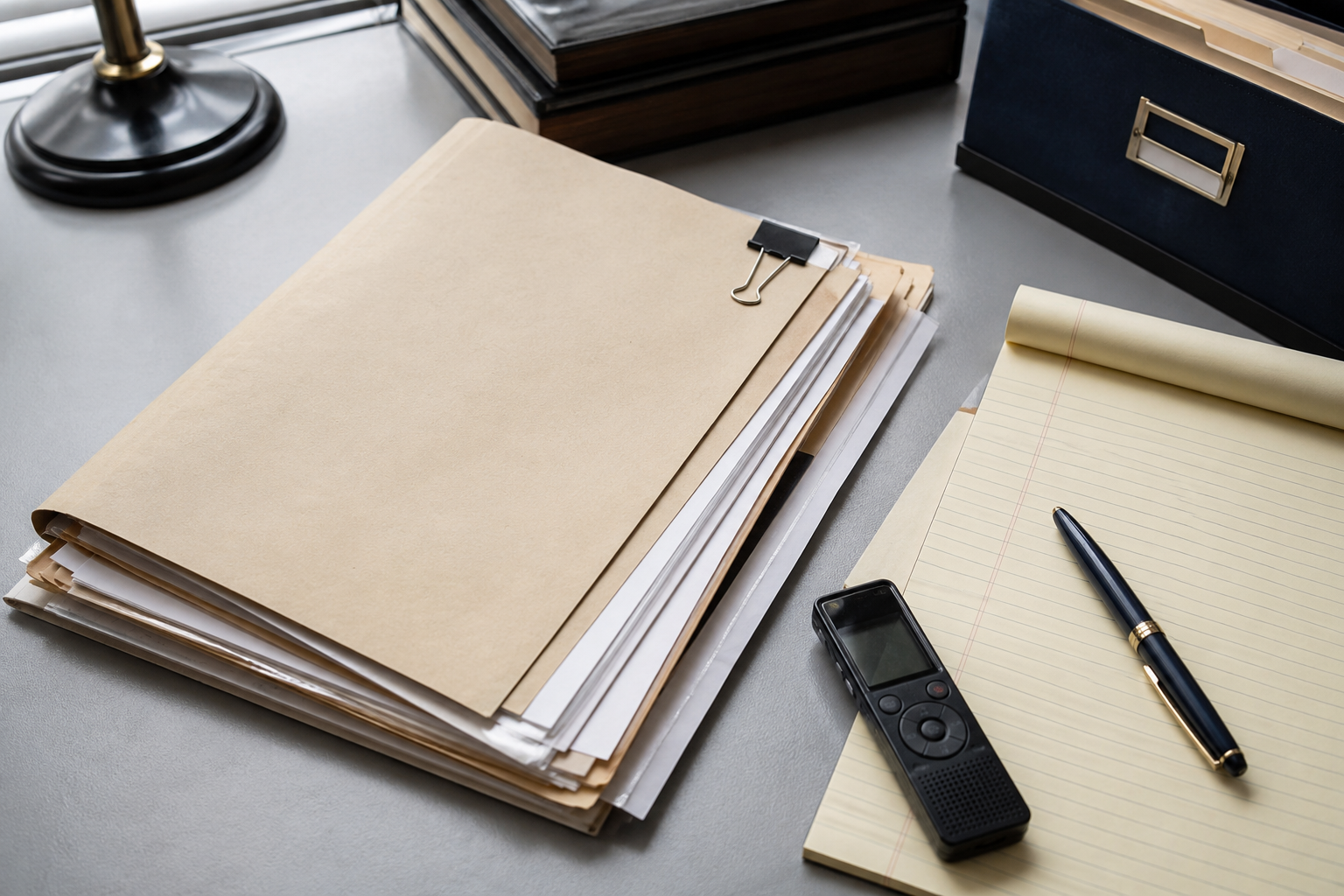 Organized detective's office workspace
