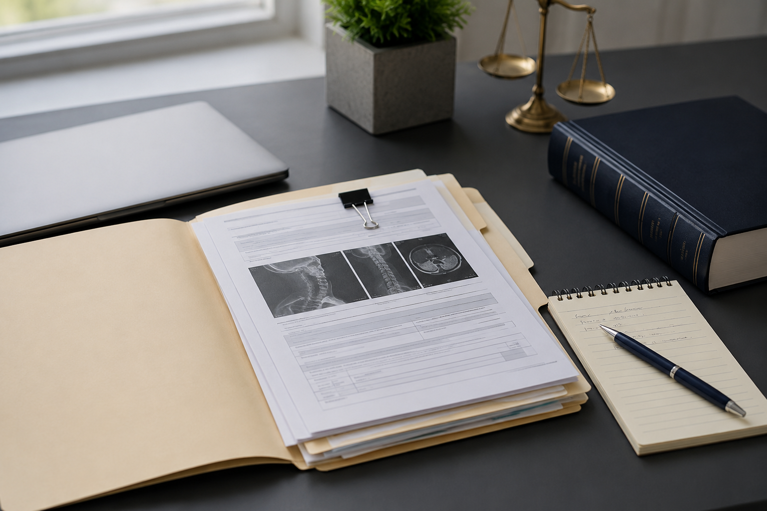 Organized legal workspace with medical papers