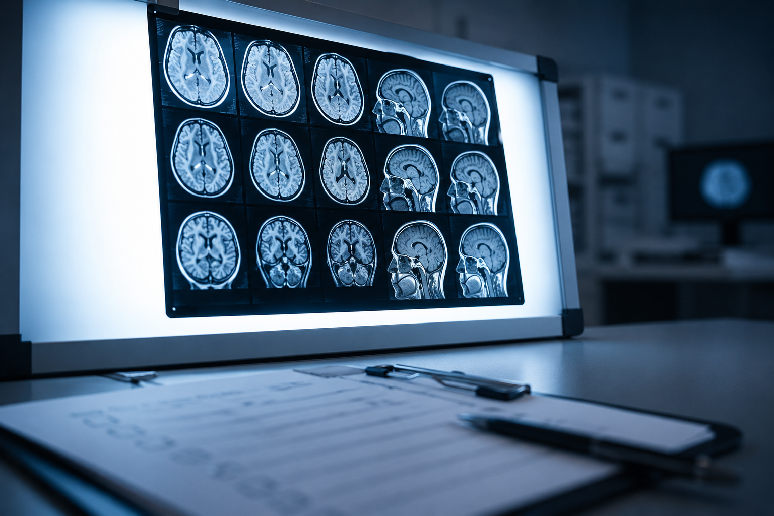 Radiology room with brain MRI scans